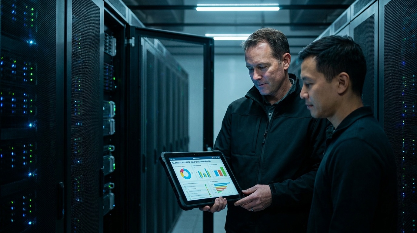 Technical advisors reviewing rack completion status in a hyperscale data center aisle