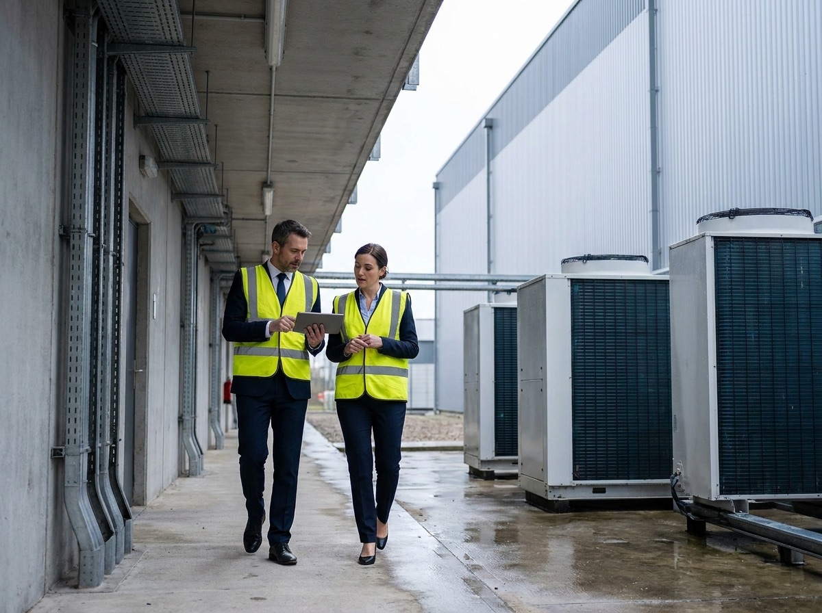 Two advisors reviewing a tablet while walking a data center campus mechanical yard
